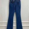 Elastic algodão denim estilo coreano cintura alta lavada outono azul escuro botão casual flare calças jeans mulheres 756i 210420