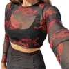 Mode 2020 vrouwen zomer t-shirt draak print ronde hals lange mouw mesh crop tops zwart x0527