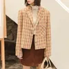 Women Plaid Pocket Button Long Sleeve Notch Collar Blazer Short Cropped Single-breasted Yellow Red C0322 210514