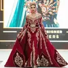 Red Moroccan Caftan Evening Dresses With Remove Skirt Stunning kaftan arabic Appliques Lace Long Sleeve Mermaid Prom Dresses