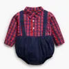 born Baby Boys Plaid Shirt Long Sleeve Clothes Rompers Spring Autumn Toddler Fake Two Piece Triangle Jumpsuits 210429