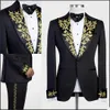 Black Mens Tuxedos Gold Aptliques Groom Slim Fit WeddingBlazer Suitsフォーマルプロムパーティーパンツコートジャケット2ピース272G