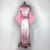 2021 Rose Plume Robes De Soirée Femmes Robe À Manches Longues Sexy Chemise De Nuit Col En V Profond Volants Vêtements De Nuit Peignoir Pyjamas Prom Demoiselle D'honneur Shawel