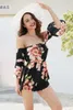 Summer Floral Print Elastic Waist Short Chiffon Jumpsuit Women Flare Sleeve Boot Cut Sexy Strapless Romper 210419