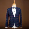 Navy Blue Slim Fit Plaid Suit Män Notch Lapel Business Formal Dress Suits for Men Fashion Terno Masculino Su X0909