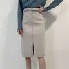 Korean autumn winter elegant high waist buttock woolen mid length Woolen skirt lady Pencil Split Skirt for womens vintage 210514