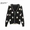 Kvinnor Vintage V Neck Polka Dot Skriv ut Breasted Knitting Sweater Kvinna Chic Höst Casual Slim Cardigan Tops S443 210420