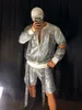 Męski luźny srebrny zestaw dwuczęściowy taniec hip-hopowy scena noszenie moda pusta błyszczące cekinowe spodnie kurtki garnitur baseballowy nocny klub Tide Jazz Rock Performance Costume