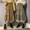 Corduroy kanten stiksel hoge taille lange rokken vrouwen bloemenprint maxi rok vrouwelijke vintage geplooide rok schattig meisjes streetwear 210619