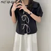 Matakawa Korean Ins Women Women Blusas Tie Bow Puff Sleeve Koszula Peter Pan Collar Blusas Mujer de Moda Elegansy 210513