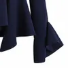 Opruiming Vrouwen Blouse Navy Blue Peplum Tops Shirts Flare Lange Mouw O Neck Remregaulaire Ruffled Dames Vrouwelijke Blusas 210527