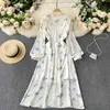 Singreiny Mujeres Vestido de impresión de gasa Mujeres French Puff Manga V Cuello A-Line Vestidos Primavera Boho Casual Vacaciones Midi Vestido largo 210419