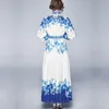 Fall winter A-Line Runway dresses blue red Print Collar Long Sleeve Women Party Casual Empire Waist Maxi Dress ropa mujer 210520