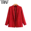 Mulheres vintage elegante escritório desgaste vermelho blazer casaco moda bolsos de manga comprida feminino outerwear chique tops 210507