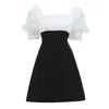 Kore chic kare yaka mini elbise kadınlar için yaz puf kısa kollu ince yüksek bel patchwork vestidos femme 210520