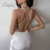 Summer Women Short Satin Sexy Backless Spaghetti Strap Biała Mini Party Dress 210415