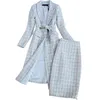 Haute qualité hiver femmes costumes jupe ensemble mode Plaid dames longue veste manteau élégant mince costume deux pièces 210527