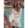 Sexig bikini omslag Se igenom Hollow Out Tunika för Beach Dress Ruffle Trumpet Sleeve Beach Wear Backless Summer Mini Sundres