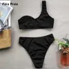 Para Praia One Shoulder Sexy Cut Out Bikini Set Women Ring Bandeau Swimwear Woman Push Up Two Piece Swimsuit Summer 210712