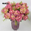 1 Buquê Flores Artificiais Hydrangea Silk Fake Ball Flor com folhas Flores para DIY Home Jardim Decoração de Casamento Y0630