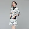 High-end Girl Dress Beaded Three Quarter Sleeve Printed Womens Summer Autumn Dress Fashion Noble Lady Dresses Runway Dress