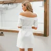Women off shoulder summer Sexy solid single breasted mini Streetwear lady chic cotton straight office dress 210414