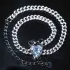 32 + 10 cm Iced Out Cuban Naszyjnik Łańcuch Hip Hop Biżuteria Choker Silver Color Heart Rhinestone CZ Zapięcie dla rapera Nowe naszyjniki X0509