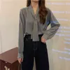 Automne coréen Blouse lâche polyvalent empilé couleur unie arc col en V chemise à manches longues doux chic haut femme GX1498 210507