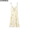 Vestidos para Mulheres Estilo Francês Cópia Floral Cintura Alta Sexy Side Slit Spaghetti Strap Midi Vestido Feminino Verão Robe 210520