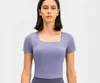 Lu Lu Lemens Yoga Yoga Sports Top Women u Collar Slim SlimフィットランニングワークアウトアスレチックスポーツTシャツソリッドフィットネスエクササイズジムの服