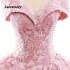 High-end Candy Pink Prom dresses 2021 Ball Gown Off-The-Shoulder Short Sleeve Flower Appliques Lace Sweep Train Ruffle Backless Formal Quinceanera Dresses