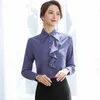 Lange Mouw Vrouwen Lente Elegante Ruches Witte Chiffon Blouse Kantoor Dames Casual Werk Tops Grijs 210604