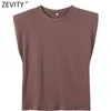 Women fashion solid color shoulder pad casual T-shirts female basic o neck sleeveless knitted T shirt chic leisure tops T678 210420