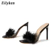 Eilyken 2022 새로운 여름 패션 모피 슬리퍼 숙녀 샌들 섹시한 PVC 투명한 스틸 포트 하이힐 여성 노새 슬라이드 슬라이드 0227