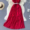 Zomer strand vrouwen chiffon geplooid lange jurk vintage vakantie paars / rode ruche single breasted gedrapeerde vestidos met sjerpen Nieuw Y0603