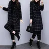 Inverno preto de lã xadrez de dois pedaços conjuntos roupas roupas mais tamanho longo casaco e calças ternos elegantes moda escritório 210514