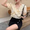 Ezgaga elegante moda coreana dois pedaços conjunto mulheres chiffon patchwork manga curta blusa alta cintura sólida saias de escritório senhora terno 210430