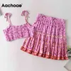 Boho Floral Print Two Piece Set Top And Skirt Women Summer Beach Bow Tie Cropped Camisole High Waist Mini Skirts Sets 210413