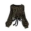Женщины осень зимняя блузка все-матч блестки о-образных шерстяных рубашки с длинными рукавами открытыми задними шнурки лук короткие вершины женские BLUSA GX1082 210507