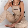 90er Jahre Vintage Safari-Stil Kontrastfarbe Spaghettiträger ärmellose Overalls Damen langer Overall Slim Fit Strampler Playsuits 210429