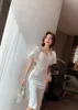 fall ladies temperament sexy V-neck halter slim fit hip dress with slits Sheath Office Lady Polyester Knee-Length 210416