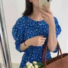 Estate blu stampato maniche corte Prom Sweet Gentle Vintage Florals Chic Slim Party Abiti lunghi Vestidos 210525