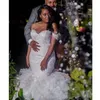Chic Mermaid Wedding Dresses Off Shoulder Lace Appliqued Bridal Gowns Layered Ruffles Marriage Robe de mariée