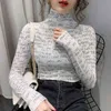 Wwenn Turtleneck Tshirt Kvinnor Kläder Långärmad Koreansk Vintage Slim Print T Shirt Toppar Elastisk Casual Tee Femme 210507