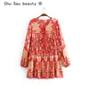 Boho Floral Leopard Print Midi Dress Women Holiday O-neck Long Sleeve Fashion Mini Dresses Female Bow Tie Beachwear 210508