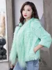 Furma damska Faux Luksusowy Prawdziwy Prawdziwy Naturalny Coat Z Lamb Collar 3/4 Sleeve Girl's Fashion Short Style Jacket