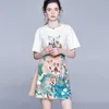 Fashion Runway 2 Pieces Set Women O-neck Short Sleeve Floral print Loose Tshirts Top + Deer Mini Skirt 210529