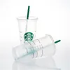 Starbucks 24 unz/710 ml plastikowe kubki kubka syrena bogini wielokrotnego użytku przezroczyste picie płaskiego dolnego filaru kształt kubki słomki kubki 591