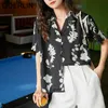 Chic Retro Short Sleeve Shirt Women's Summer Suit Collar Printed Top Loose Casual Blouse Female Plus Size Black 210601