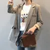 Koreański styl Chic Plaid Blazer Kobiety Biuro Nosić Z Długim Rękawem Kurtka Vintage Luźne Kieszenie Double Breasted Coat 210515